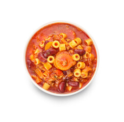 Bowl with tasty pasta and beans on white background