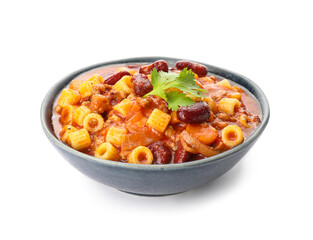 Bowl with tasty pasta and beans on white background