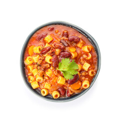 Bowl with tasty pasta and beans on white background