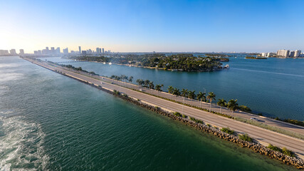 Aerial view of streets of Miami during  Coronavirus quarantine. Palm Island neighborhood as background. Selective focus