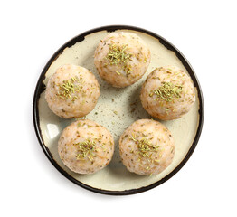 Plate with traditional Japanese onigiri on white background