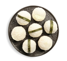 Plate with traditional Japanese onigiri on white background
