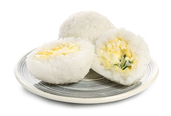 Plate with traditional Japanese onigiri on white background