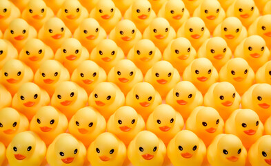 a lot of rubber ducks standing in a order