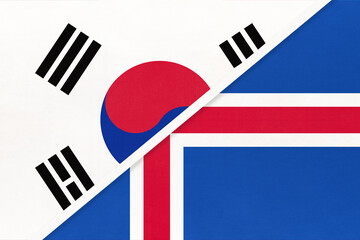 South Korea and Iceland, symbol of national flags from textile. Championship between two countries.