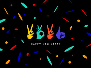 Happy New Year 2021 logo text design. Concept design with fingers. Sign of Victory and sign of OK. Freedom, good, peace, excellent, Like. Best wishes. Great ides. Color elements