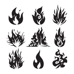 Fire flames, set icons, vector illustration. Hand drawn sketch fire flame
