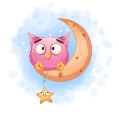 Cute owl on the moon illustration. Premium Vector