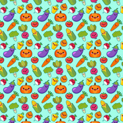 Cute funny vegetables vector seamless pattern. Bright vegetables on blue background. Can be used for textile, wallpaper, wrapping.