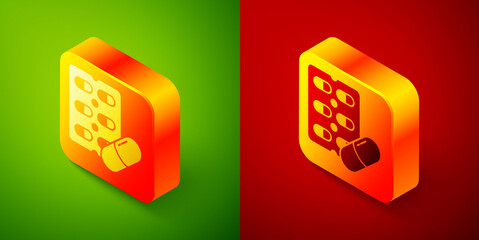 Isometric Pills in blister pack icon isolated on green and red background. Medical drug package for tablet, vitamin, antibiotic, aspirin. Square button. Vector Illustration.