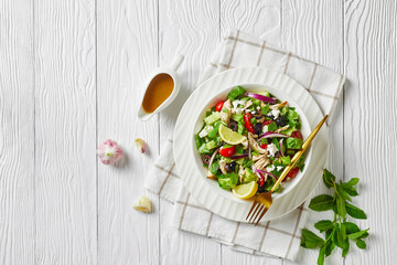 chicken meat, olives, red onion, veggies salad
