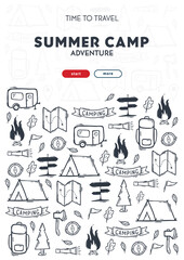 Summer camp. Camping hand draw doodle background. Vector banner illustration.