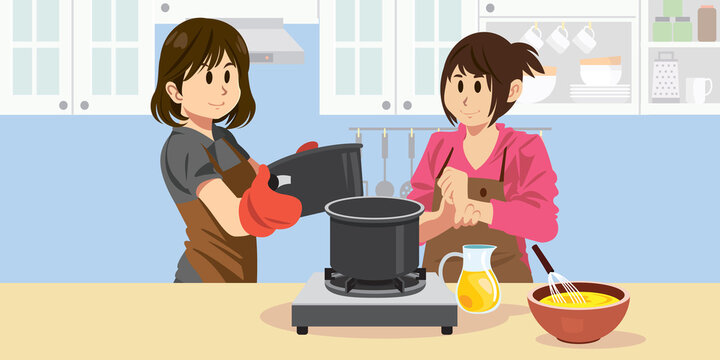 Mom and daughter are cooking together in the kitchen. They are in a good mood. They are happy to be together. Vector illustration.
