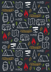 Summer camp. Camping hand draw doodle background. Vector illustration.