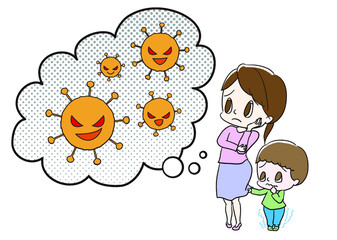 イルスに不安がる親子