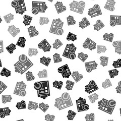 Black Checklist clipboard and tennis ball icon isolated seamless pattern on white background. Sport equipment. Vector Illustration.
