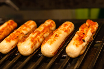 barbecue row chicken sausages ready delicious closeup background culinary pattern