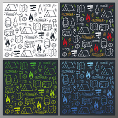 Summer camp. Set of Camping hand draw doodle backgrounds. Vector illustration.
