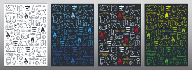 Summer camp. Set of Camping hand draw doodle backgrounds. Vector illustration.