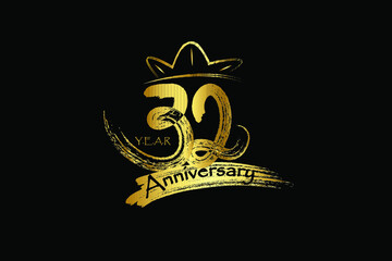 32 year anniversary chalk, ink Gold Style , minimalist logo. years, jubilee, greeting card. Birthday invitation sign. Gold space vector illustration on Black background - Vector
