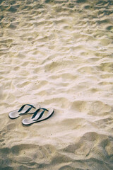 Fototapeta na wymiar white slates stands on the sand of a beach with copy space