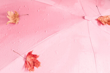 Autumn creative composition. Autumn leaves and pink umbrella on pastel pink background. Fall concept. Autumn background. Flat lay, top view, copy space