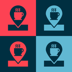 Pop art Location with coffee cup icon isolated on color background. Vector Illustration.