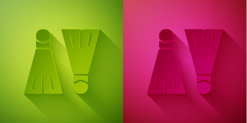 Paper cut Rubber flippers for swimming icon isolated on green and pink background. Diving equipment. Extreme sport. Sport equipment. Paper art style. Vector Illustration. © Kostiantyn