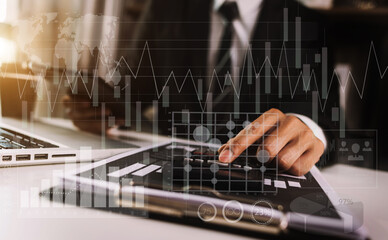 Intelligence (BI) and business analytics (BA) with key performance indicators 
dashboard concept.StartUp Programming as Fintech concept.Business team meeting. Photo professional investor  at office
