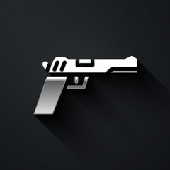 Silver Pistol or gun icon isolated on black background. Police or military handgun. Small firearm. Long shadow style. Vector Illustration.