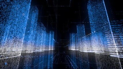Flying through neon digital model of abstract modern city made of symbols and grids in blue and white color on black background. Business, connections and digital technology concept. 3d rendering 4k - obrazy, fototapety, plakaty