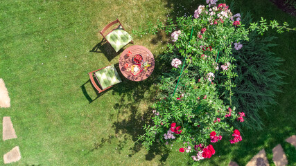 Decorated table with cheeses, strawberry and wine in beautiful rose garden, aerial top view of romantic date table food setting for two from above
