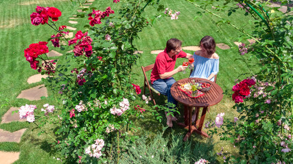 Young couple enjoying food and wine in beautiful roses garden on romantic date, aerial top view from above of man and woman eating and drinking together outdoors in park
