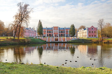Marfino, Moscow region, Russia - October 26, 2017: View of the Palace and outbuildings from the pond