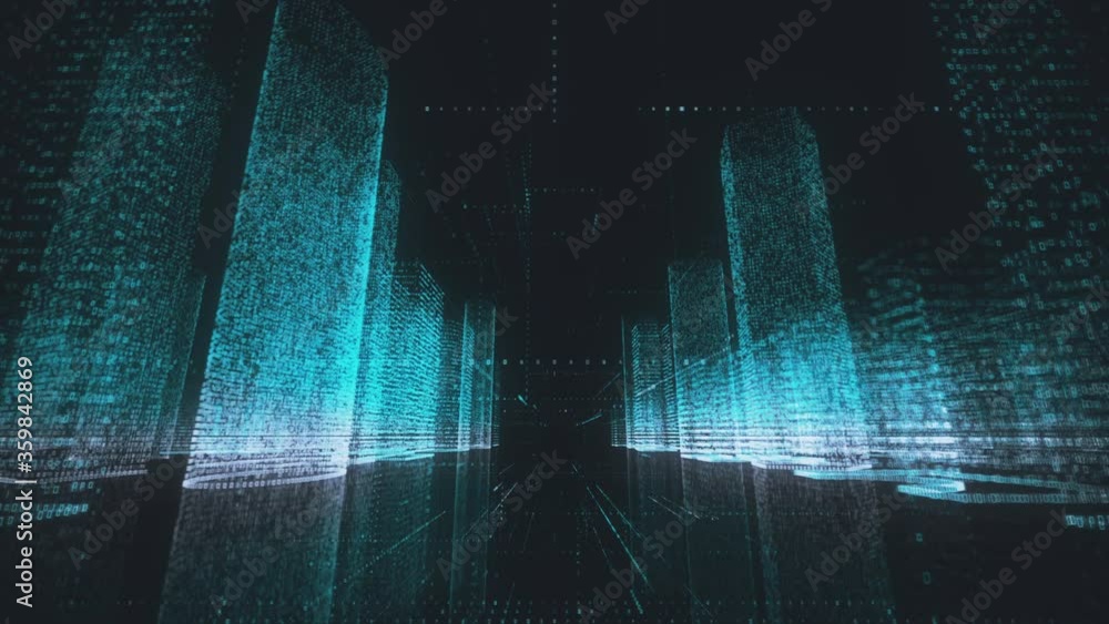 Poster digital technology and business concept background of dark abstract neon city in azure and white col