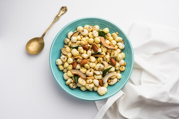 Phool Makhana Chivda is a crunchy healthy snack from india, perfect for teatime. Served in a bowl...