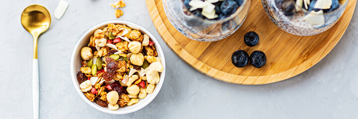 Chia pudding with granola and fresh blueberries in the glasses on a gray concrete background. Concept of healthy eating, healthy lifestyle, dieting, fitness menu. Selective focus. High quality photo