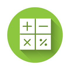 White Calculator icon isolated with long shadow. Accounting symbol. Business calculations mathematics education and finance. Green circle button. Vector Illustration.