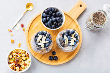 Chia pudding with granola and fresh blueberries in the glasses on a gray concrete background. Concept of healthy eating, healthy lifestyle, dieting, fitness menu. Selective focus. High quality photo