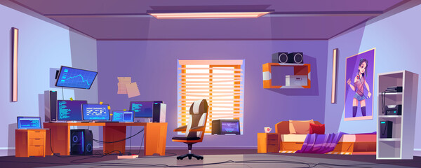 Teenager boy bedroom interior, gamer, programmer, hacker or trader room with multiple computer monitors at work desk, unmade bed, 3d printer on shelf and placard on wall, cartoon vector illustration © klyaksun