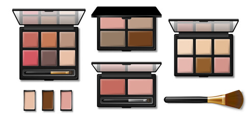 Set of Eyeshadow palette for makeup. Realistic 3d black plastic case with eyeshadow and eyebrow brush applicator isolated on white. Top view. Vector.