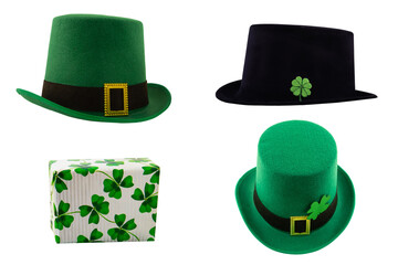 St. Patrick's hat green and black bowler hat with clover and gift box on isolated background...