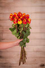 Women hand holding a bouquet of Silantoi roses variety, studio shot.