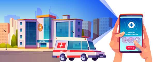 Online medical consultation app. Hands hold smartphone with application interface on urban background with ambulance riding on city street. Medicine, hospital call service, Cartoon vector illustration © klyaksun