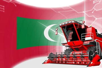 Obraz na płótnie Canvas Digital industrial 3D illustration of red advanced rye combine harvester on Maldives flag - agriculture equipment innovation concept