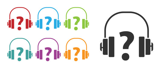 Black Headphones icon isolated on white background. Support customer service, hotline, call center, faq, maintenance. Set icons colorful. Vector Illustration.