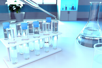 drinking water quality test for viruses (like covid-2019) concept - lab test-tubes in modern science research clinic, medical 3D illustration