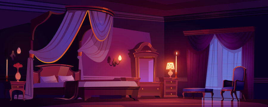 Victorian bedroom, royal interior at night time. Luxury empty light room with wooden furniture and decoration, bed with tulle canopy, mirror, couch and nightstand, cartoon vector illustration