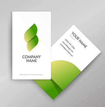 Green eco leaf logo for organic ecology company on business card template design or abstract gradient natural flame spear energy logotype vector flat, concept of bio identity curve liquid modern icon