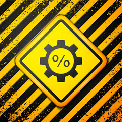 Black Gear with percent icon isolated on yellow background. Warning sign. Vector Illustration.